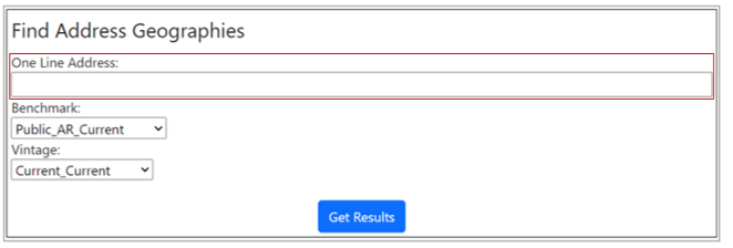 Input the current primary address into the “One Line Address:” field and click the “Get Results” button