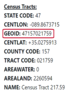 Once the results load, scroll down to the bottom of the page to the “Census Tracts” section. Note the GEOID, which can be 10 or 11 digits