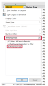 Click on the GEO ID drop-down and type in the GEO ID from the U.S. Government geocoding lookup tool
